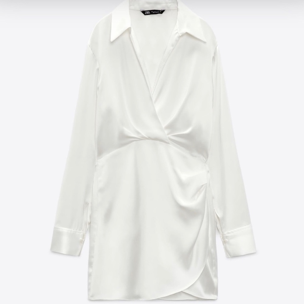 Zara Satin Wrap-Front Shirt Dress - White